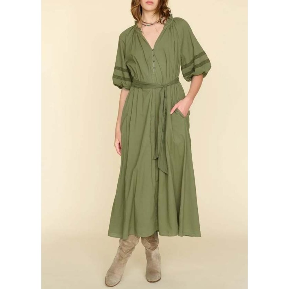 Xirena Prue Olive Green Cotton Maxi Dress Ruffle Henley Lace Detail L